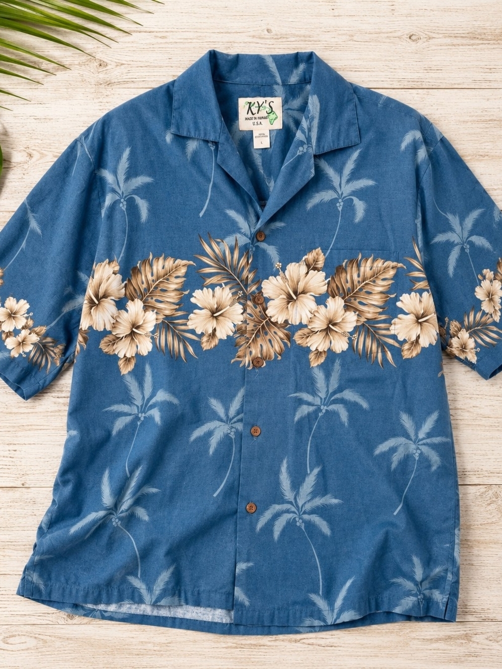 Vintage KY'S Made in Hawaii Blue Hawaiian Shirt Tropical Floral Cotton Unisex L